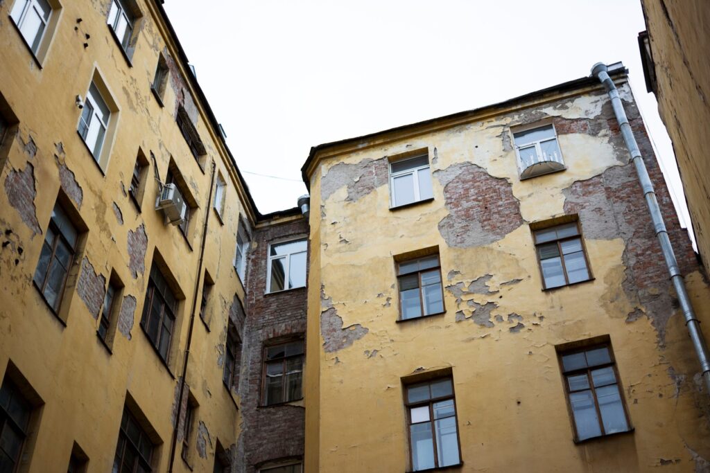 Old building with peeling exterior paint