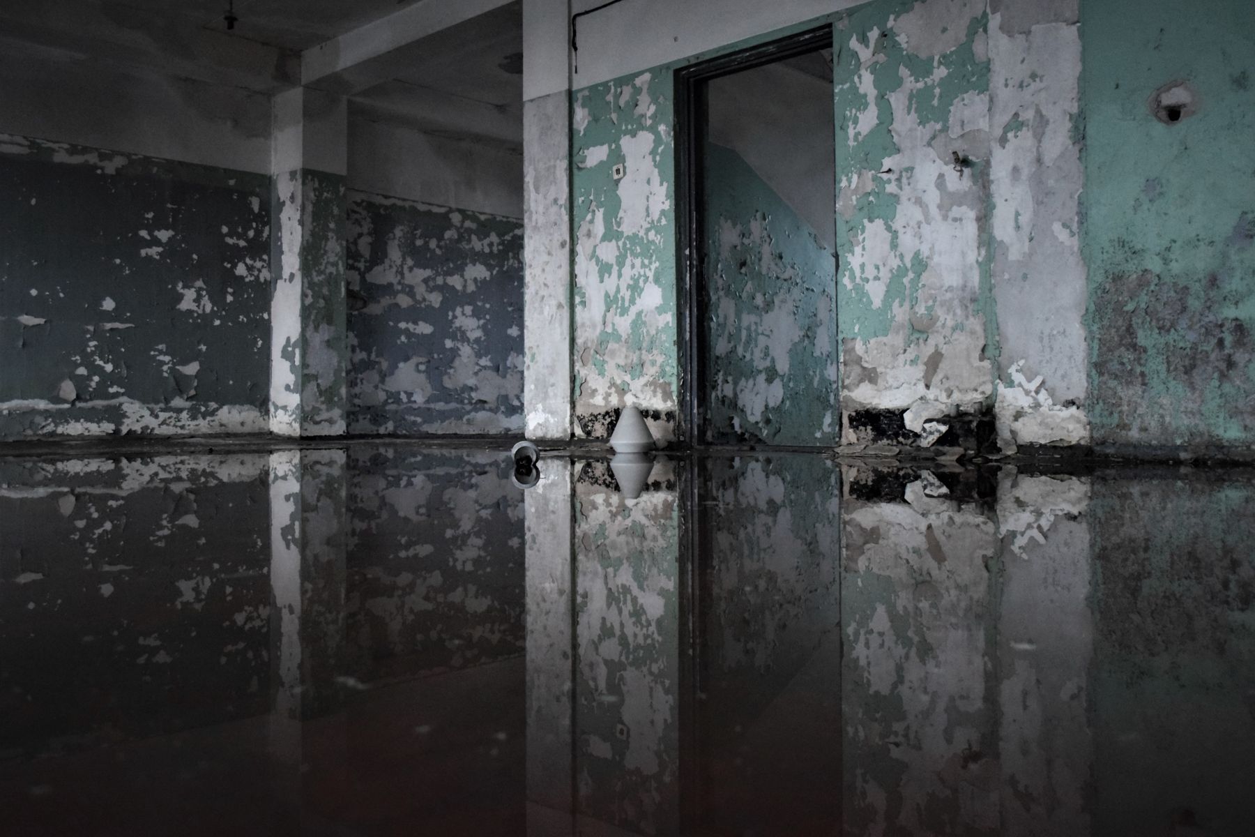 Flooded interior with peeling, damaged walls