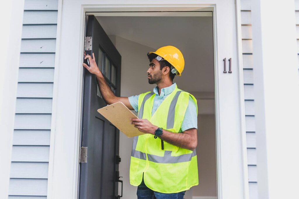 Inspector in safety vest and hard hat checking a home’s front door with a clipboard