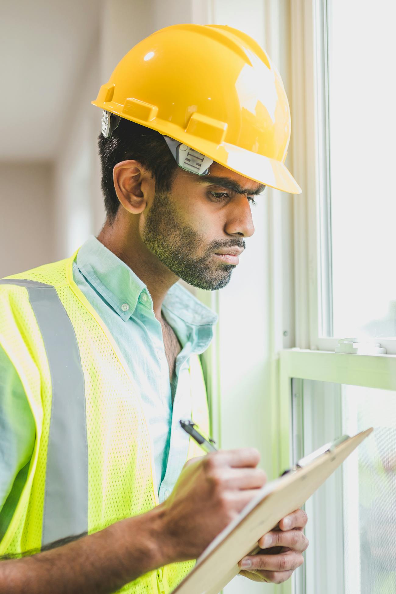 Home inspector in safety vest and hard hat writing notes during an inspection