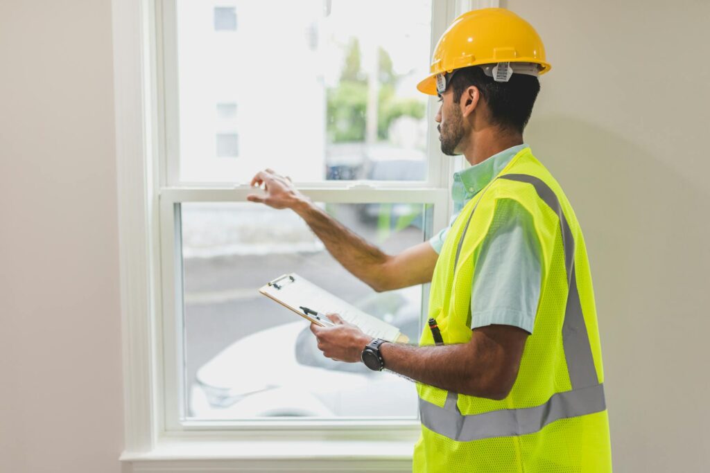 Home inspector checking a window with a clipboard and hard hat