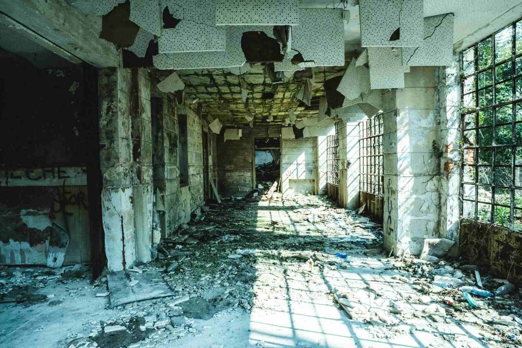 Abandoned room with water damage and debris