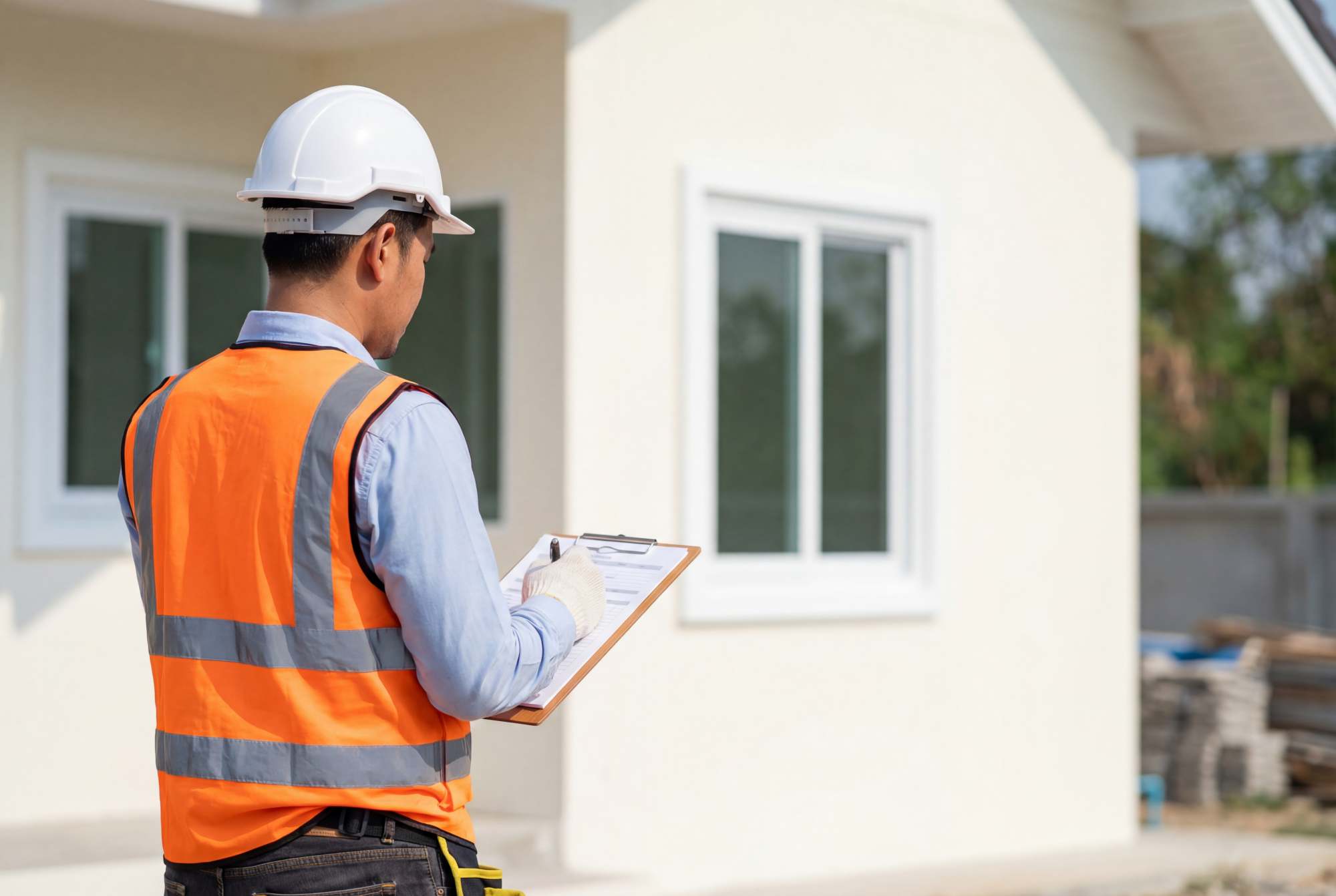 Licensed environmental inspector in a hard hat and safety vest completing an inspection report on a clipboard outside a home