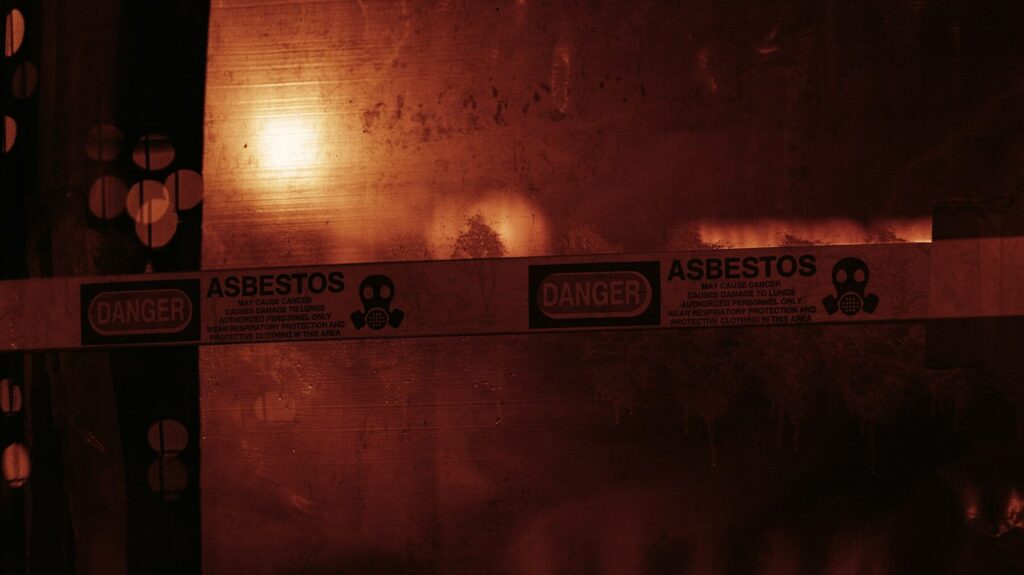 Asbestos hazard warning tape sealing a restricted work area