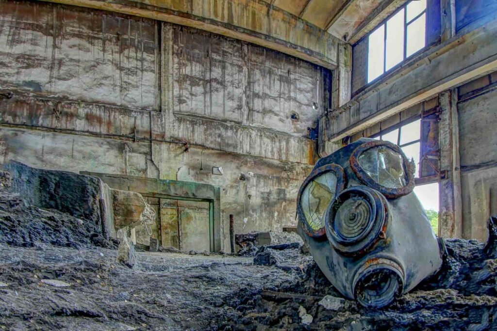 Old respirator mask inside a deteriorated building with asbestos risk