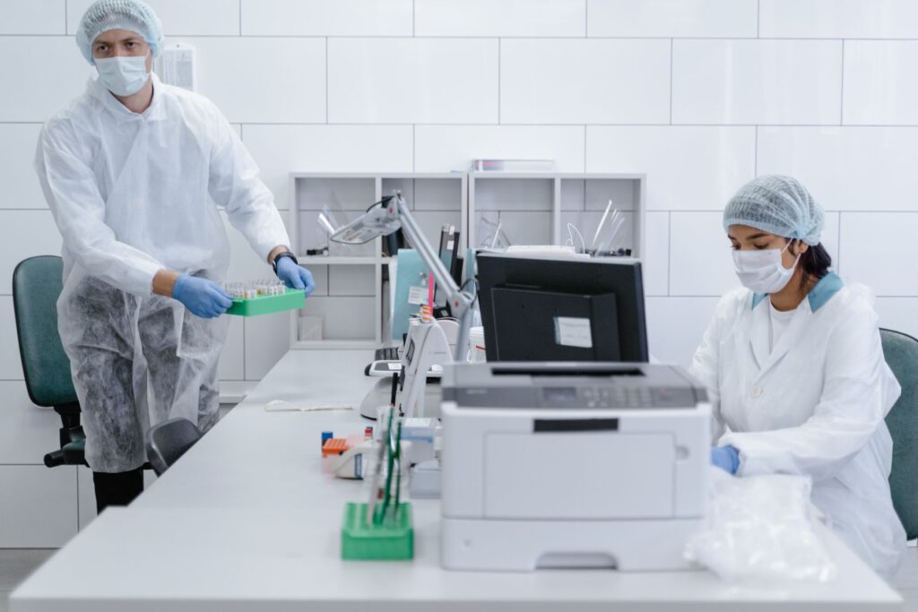 Environmental testing team processing samples in a laboratory