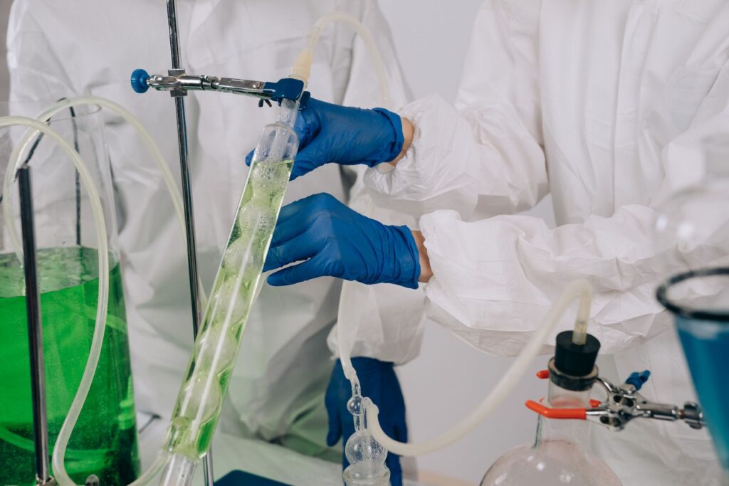 Laboratory technician analyzing a chemical sample for VOC testing