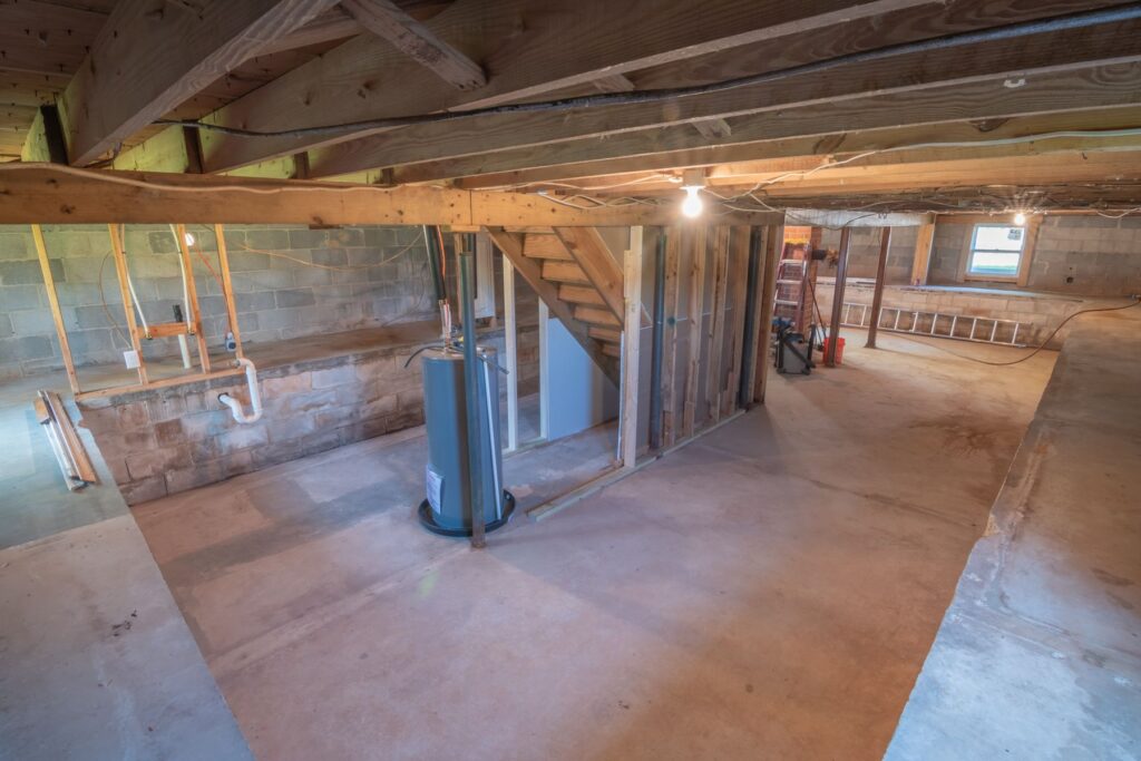 Unfinished basement with exposed framing and concrete floors