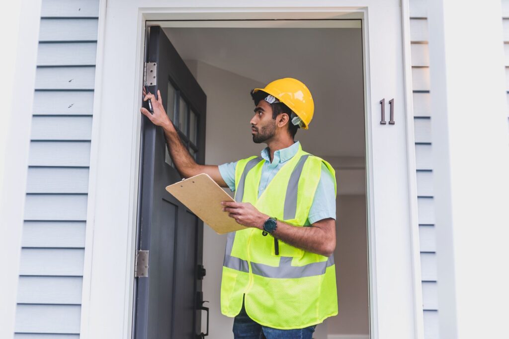 Home inspector checking a front door while holding a clipboard