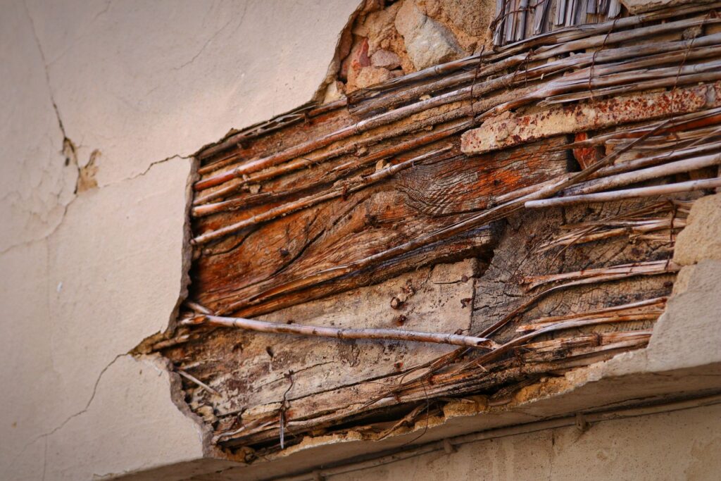Close-up of exposed, deteriorated wood behind cracked plaster