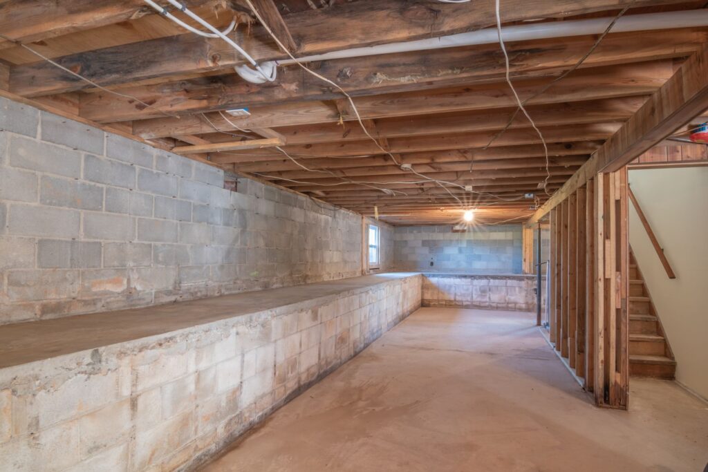 Unfinished basement with exposed wood framing and concrete walls