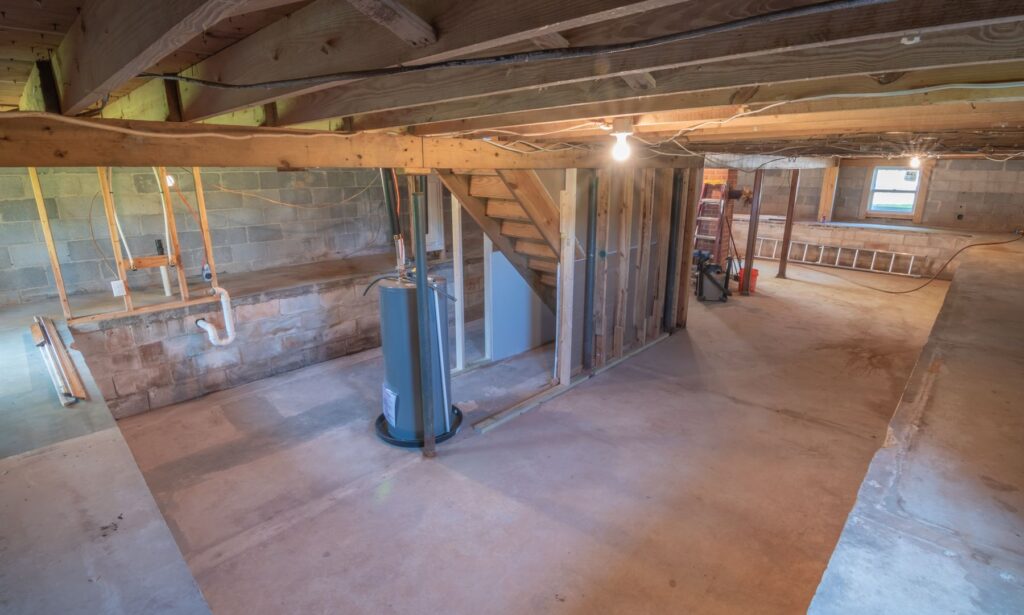 Unfinished basement with exposed wooden beams, concrete floors, cinder block walls, and a water heater